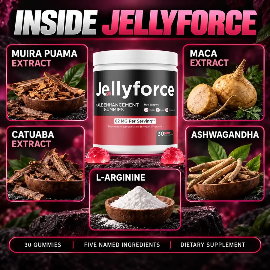 The five named Jellyforce ingredients shown on the seller's own artwork: muira puama, maca, catuaba, ashwagandha and L-arginine